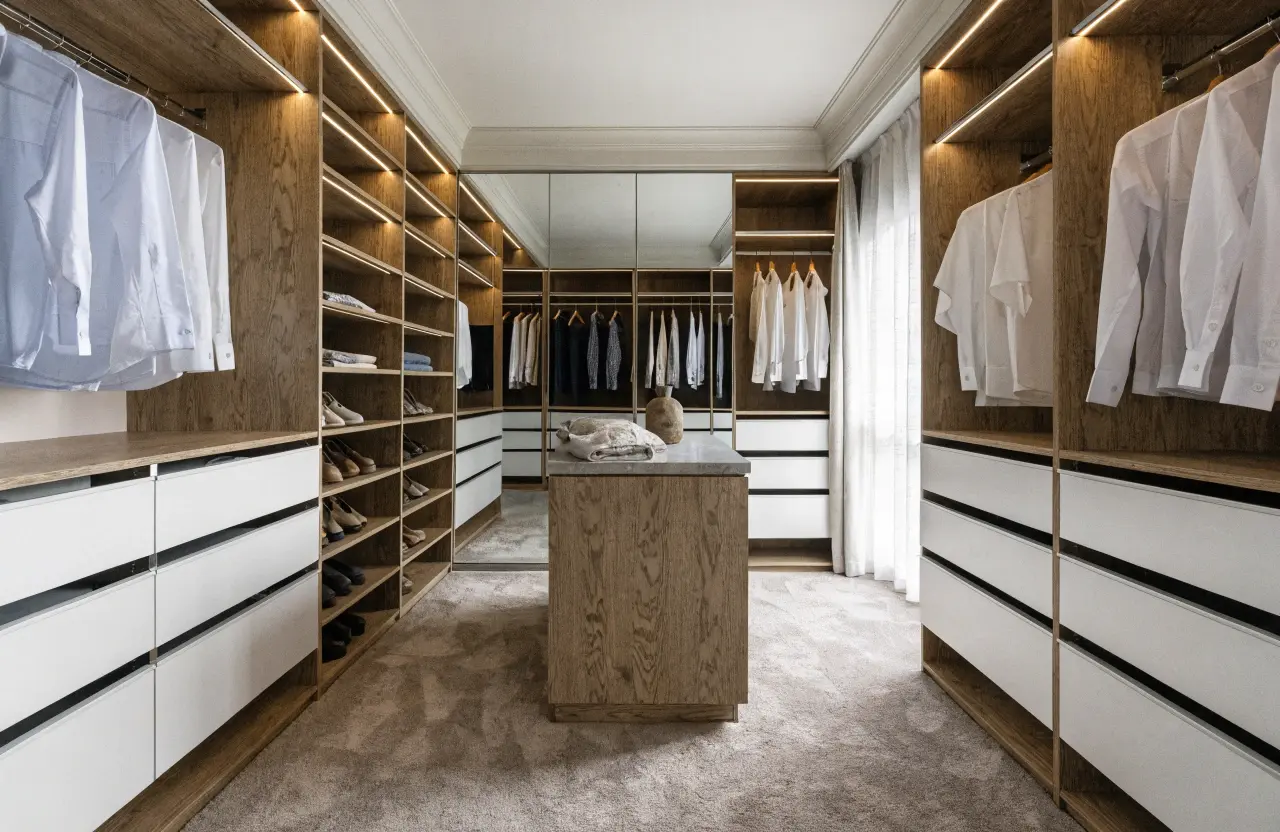 Completed custom walk-in wardrobe with oak and white cabinetry, a stone-topped island and soft LED lighting