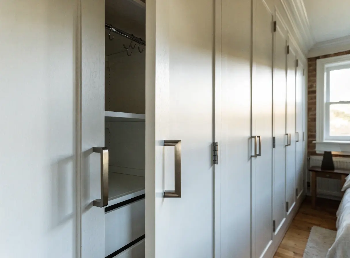 Built-in wardrobe with white shaker hinged doors and brushed-nickel handles