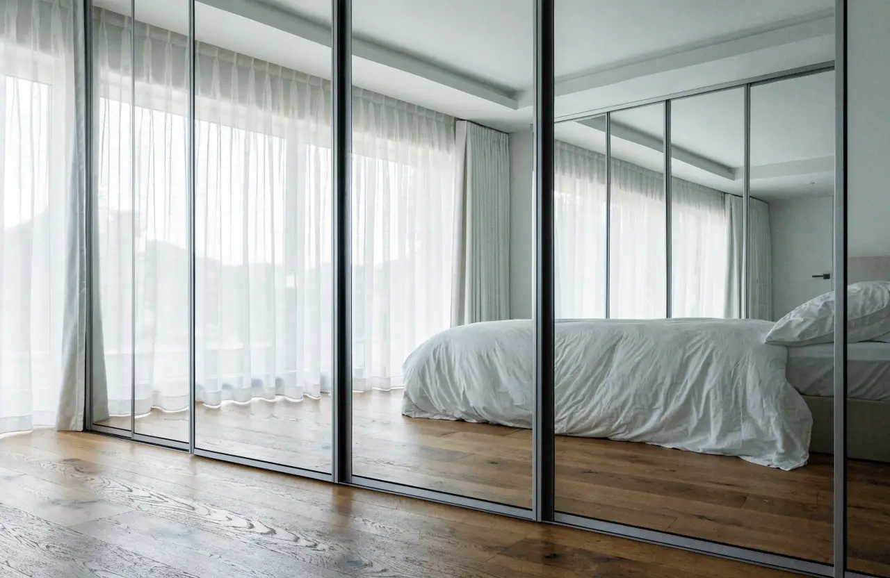 Floor-to-ceiling mirrored sliding wardrobe doors reflecting a bright bedroom