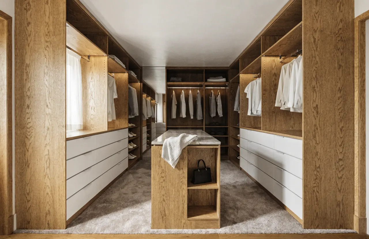 Custom walk-in wardrobe with oak and white cabinetry, drawers and hanging space in a Newcastle home