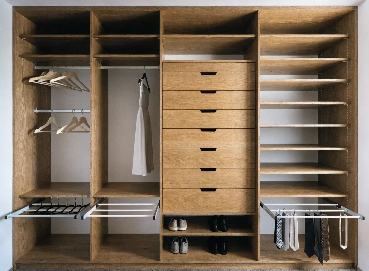 Custom wardrobe internal design layout with hanging space, drawers, shoe and tie storage