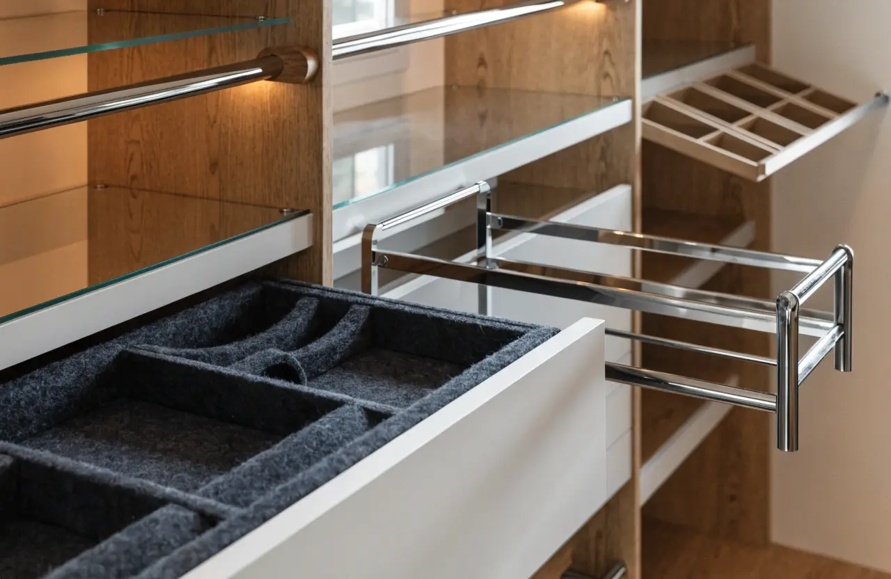 Premium wardrobe inserts — felt-lined jewellery drawer, pull-out racks and glass shelving