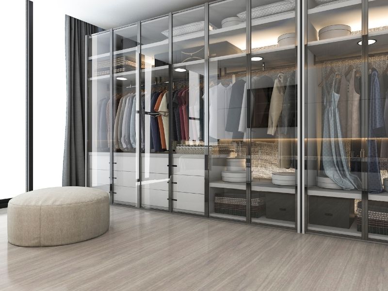 walk-in storage wardrobe in Lake Macquarie West with crystal door